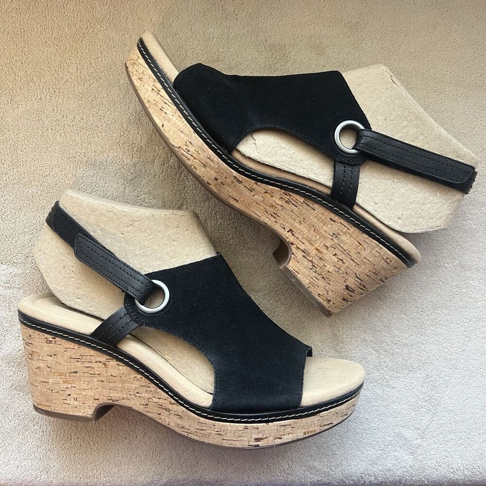 NEW Clarks Giselle Sea Wedge Black‎ Suede Sandal Women’s 11 Cork Platform Casual